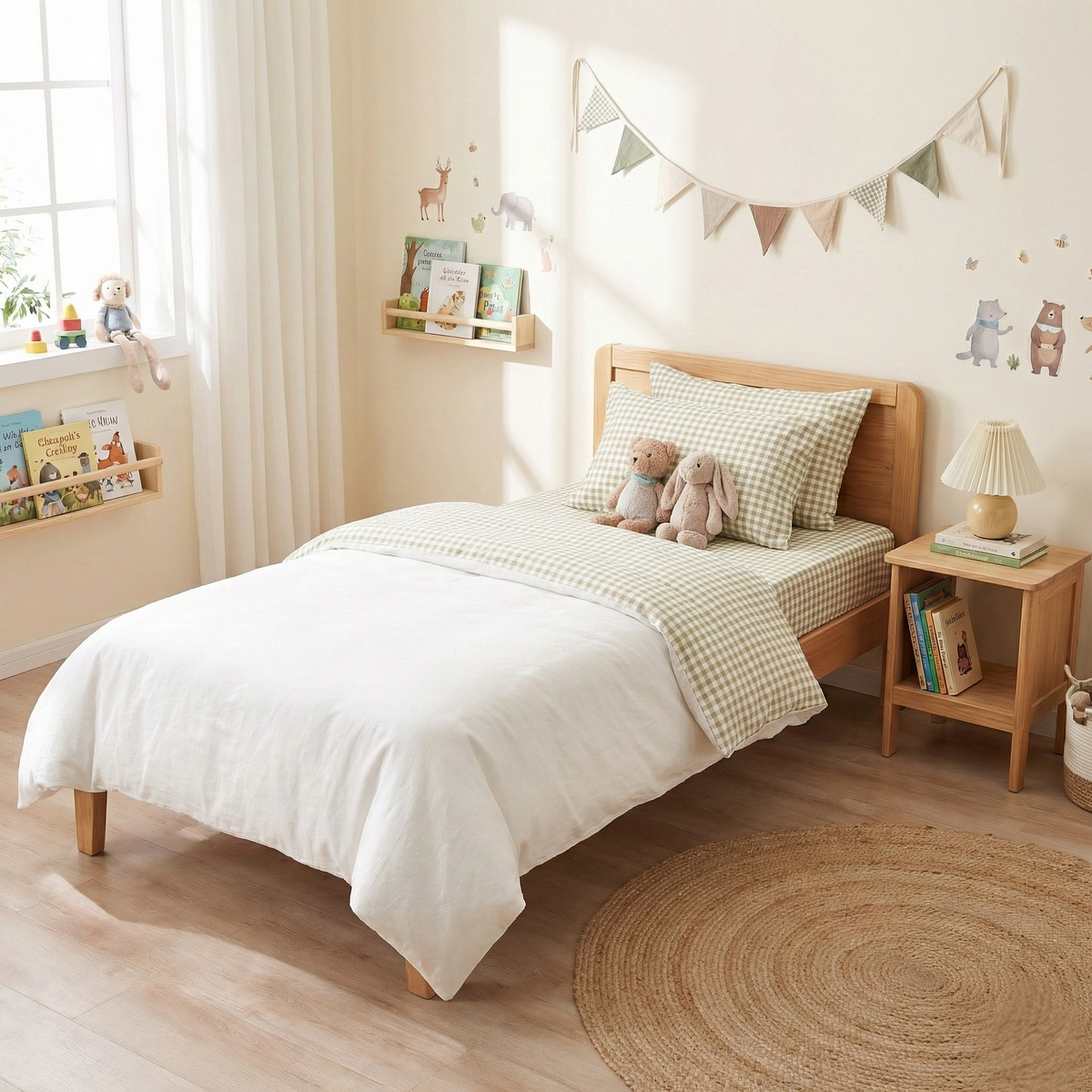 Renee Taylor Bran 250TC Cotton Percale Kids Sheet Set - Sage Gingham (OEKO-TEX Certified)
