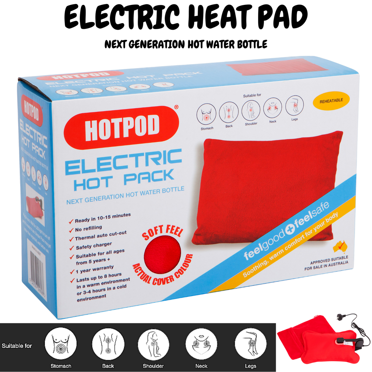 HOTPOD Electric Hot Pack Water Bottle Reheatable Pillow Pad