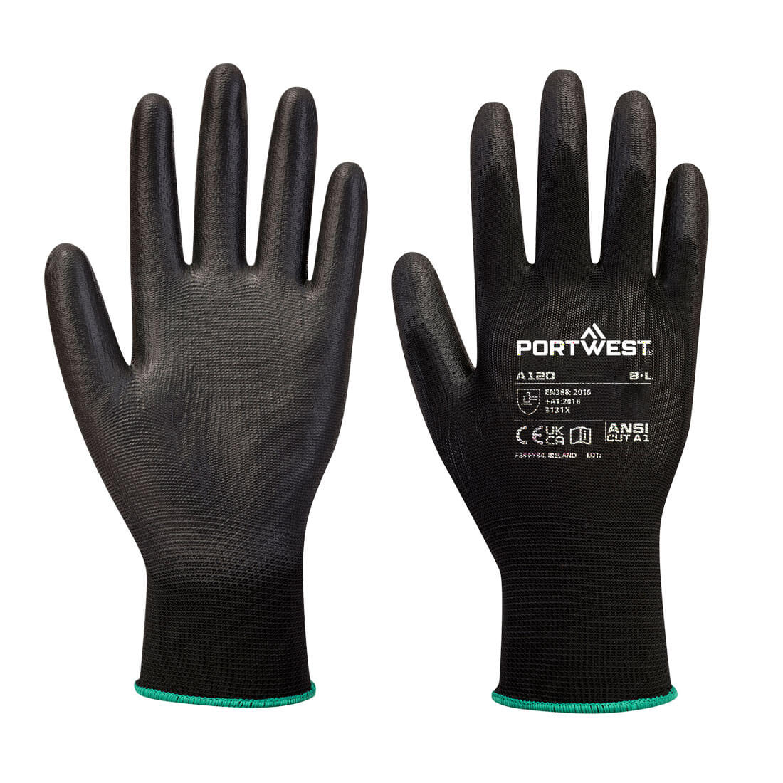 Portwest PU Palm Coated Safety Work Gardening Builders Gloves Breathable - Black