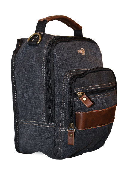 FIB Canvas Sling Bag Shoulder Strap Messenger Travel Pack w Tablet Pocket - Black