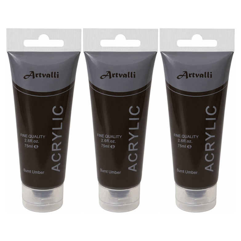 3x Artvalli Artists Acrylic Paint Bulk Pack - Burnt Umber 75ml Tube (Water Based & Non Toxic)