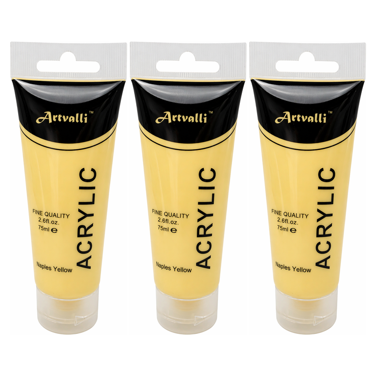 3x Artvalli Artists Acrylic Paint Bulk Pack - Naples Yellow 75ml Tube (Water Based & Non Toxic)