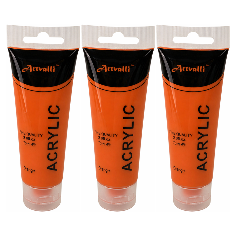3x Artvalli Artists Acrylic Paint Bulk Pack - Orange 75ml Tube (Water Based & Non Toxic)