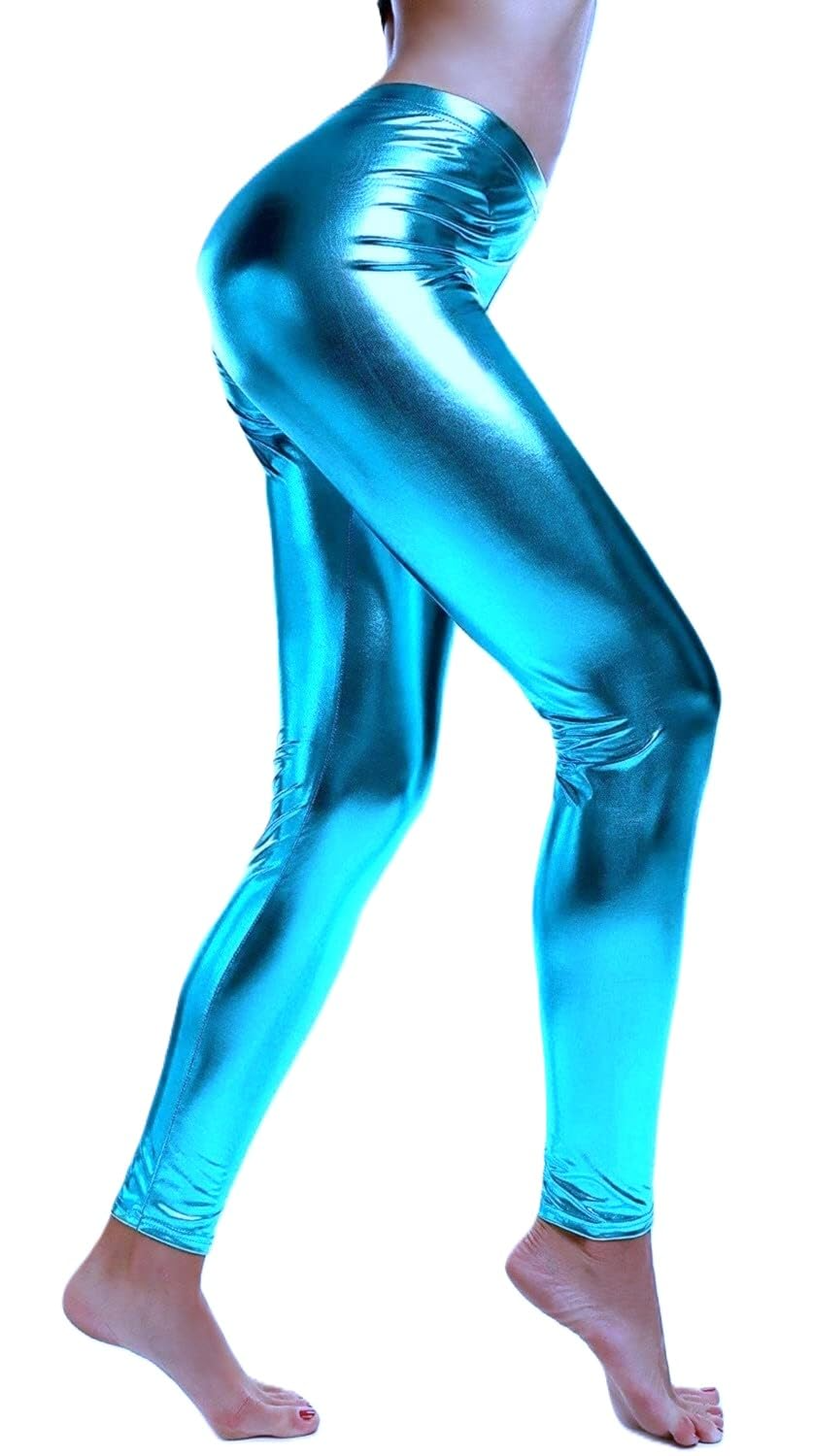 Adult Light Blue Metallic Leggings - Shiny Neon Pants for Dance Costume/80s Retro Party
