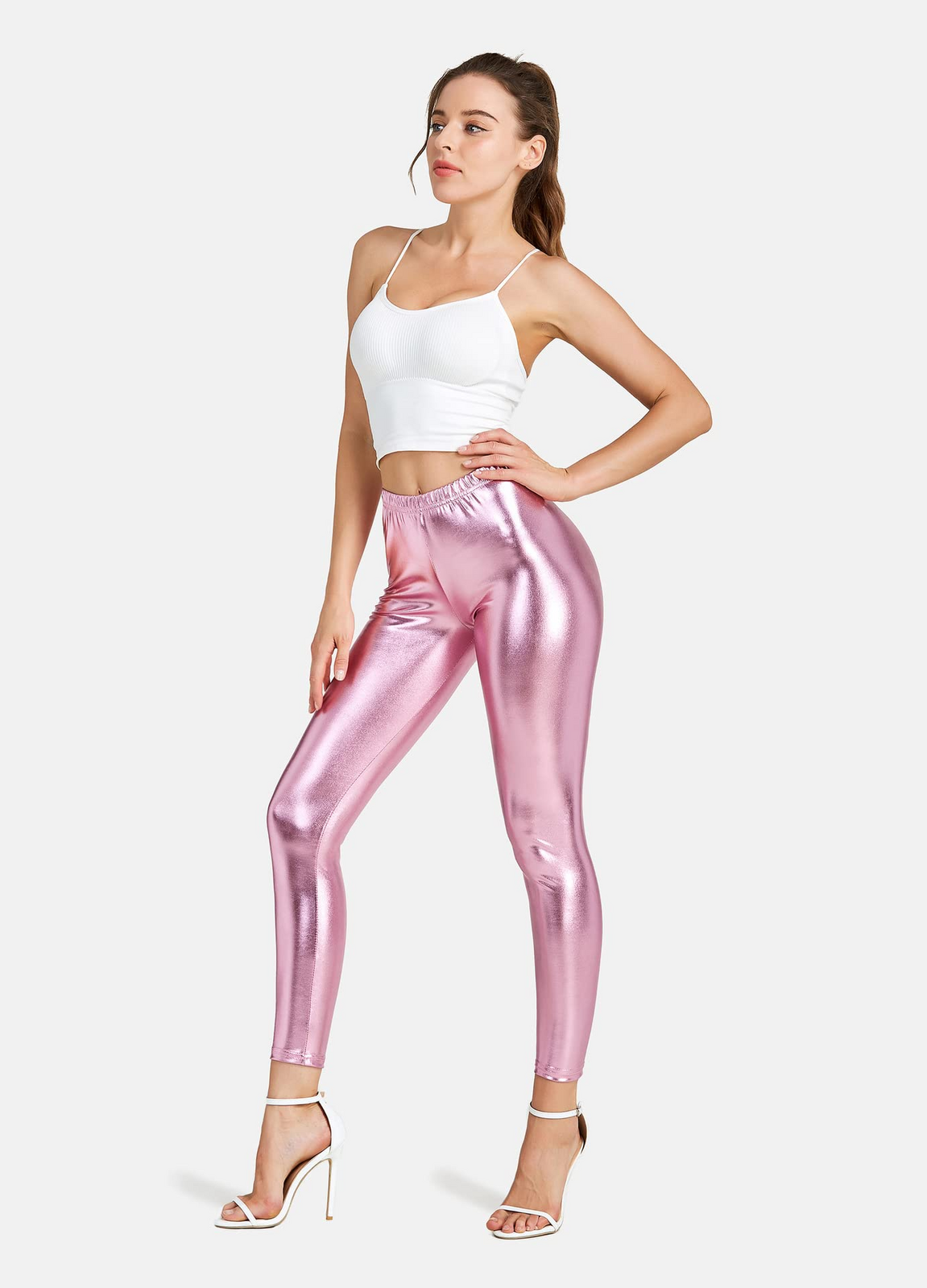 Adult Metallic Leggings Shiny Neon Stretch Dance Costume Fancy Dress Pants in Pink
