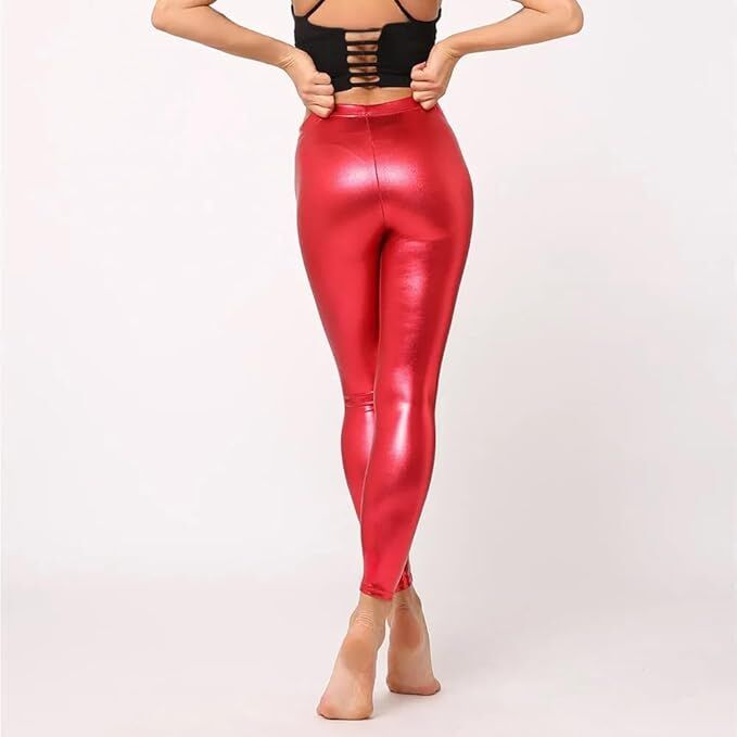 Adult Metallic Leggings Shiny Neon Stretch Dance Costume Fancy Dress Pants in Red
