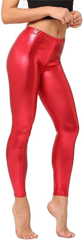 Adult Metallic Leggings Shiny Neon Stretch Dance Costume Fancy Dress Pants in Red