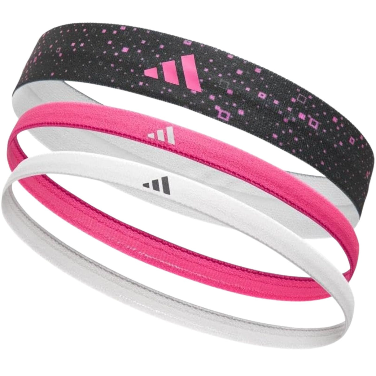 Adidas 3pk Hairbands Non-Slip Headbands Elastic One Size Washable in Graphic Black Pink White