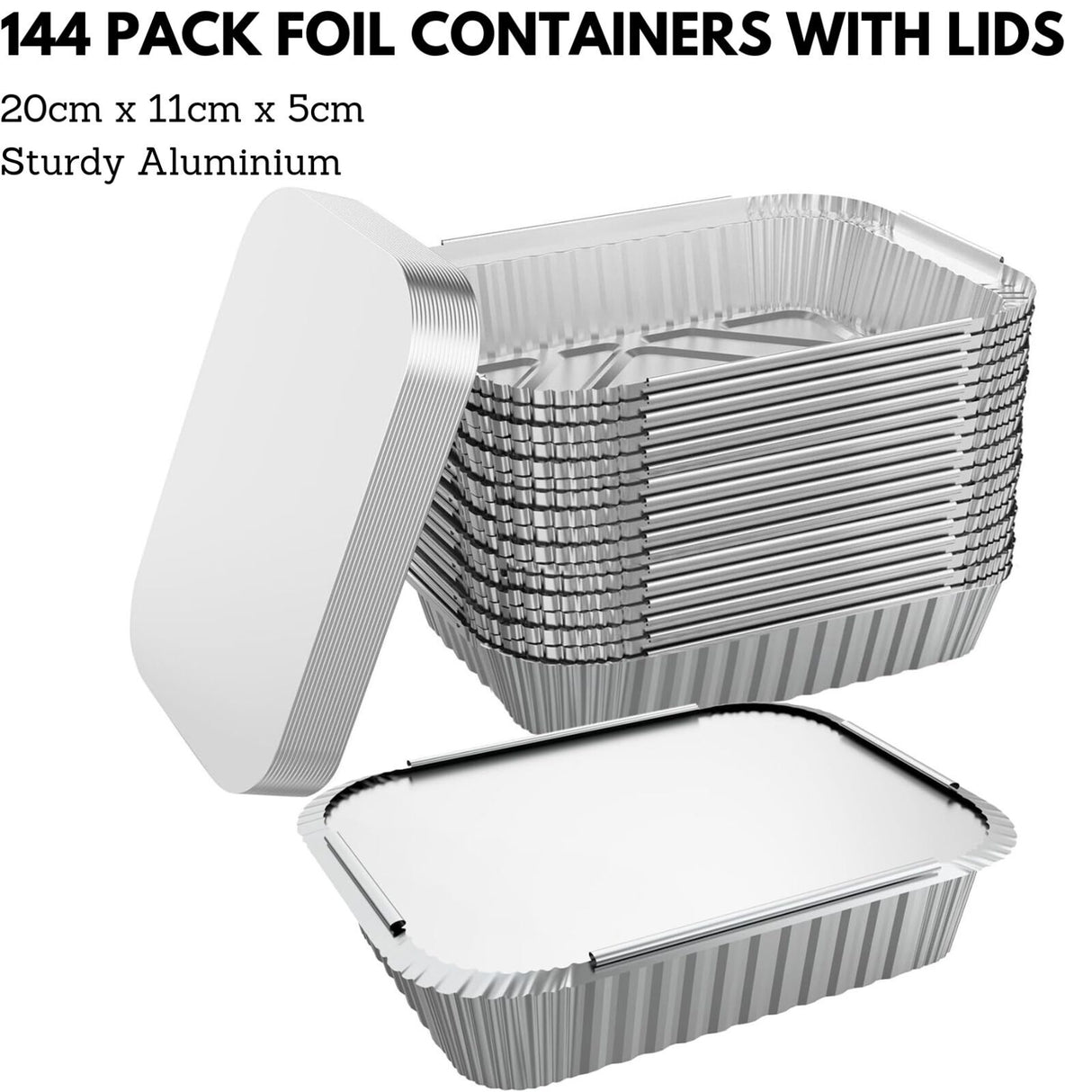 144x Medium Aluminium Foil Container Trays with Lids Bulk Pack - Food/Baking/Roasting Pans (20cm*11cm*5cm)