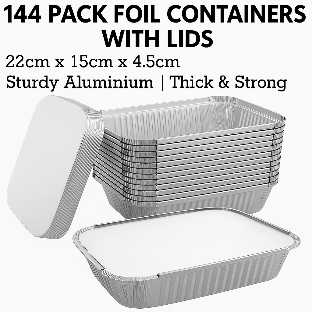 144x Large Aluminium Foil Containers with Lids (22cm*15cm*4.5cm)
