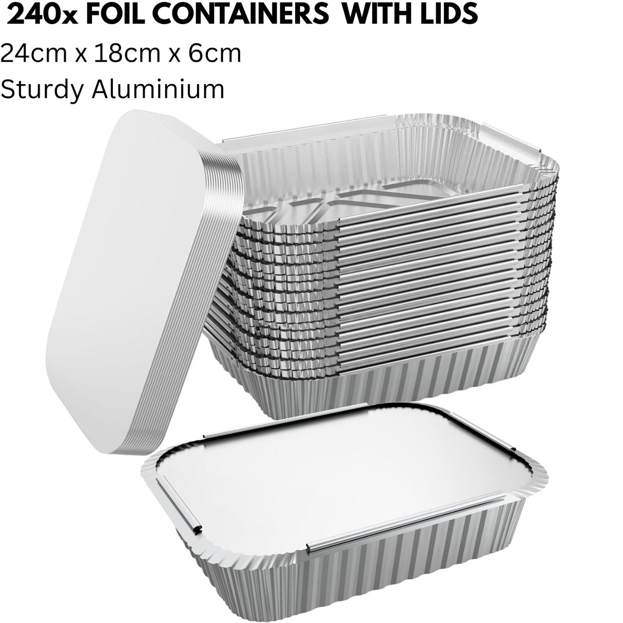 240x Large Aluminium Foil Containers with Lids (24cm*18cm*6cm)