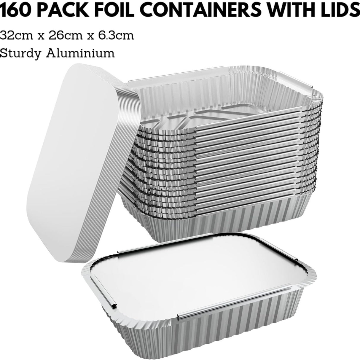 160x Extra Large Aluminium Foil Containers with Lids (32cm*26cm*6.3cm)