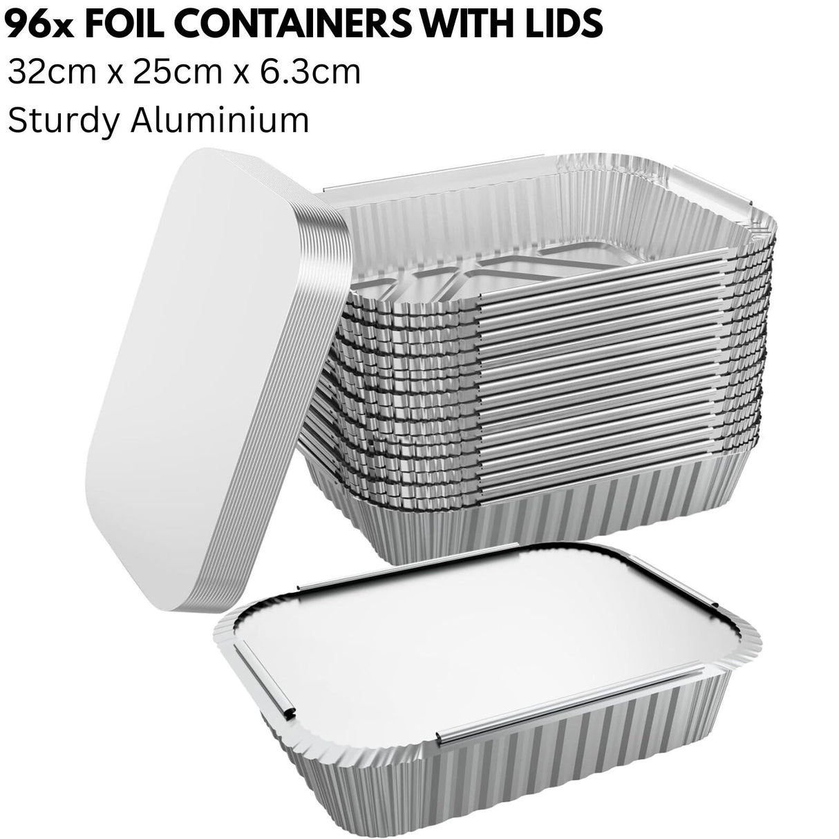 96x Extra Large Aluminium Foil Containers with Lids (32cm*26cm*6.3cm)