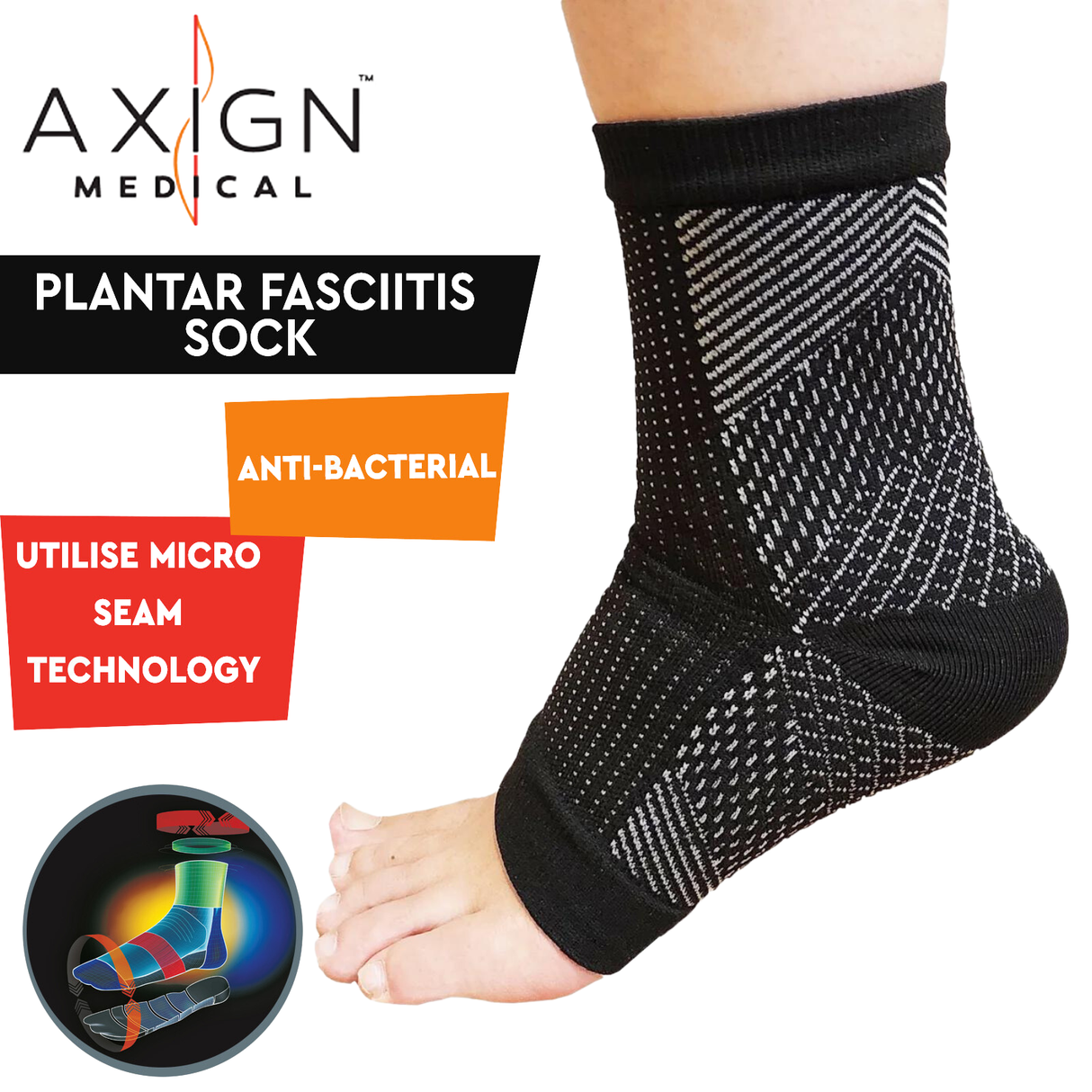 1 Pair AXIGN Medical Plantar Fasciitis Compression Sock (Ankle Sleeve Support) -Black