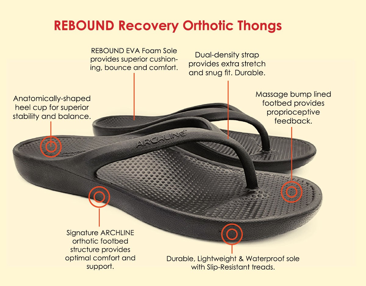 Archline Rebound Orthotic Foam Thongs Arch Support Flip Flops Orthopedic - Black