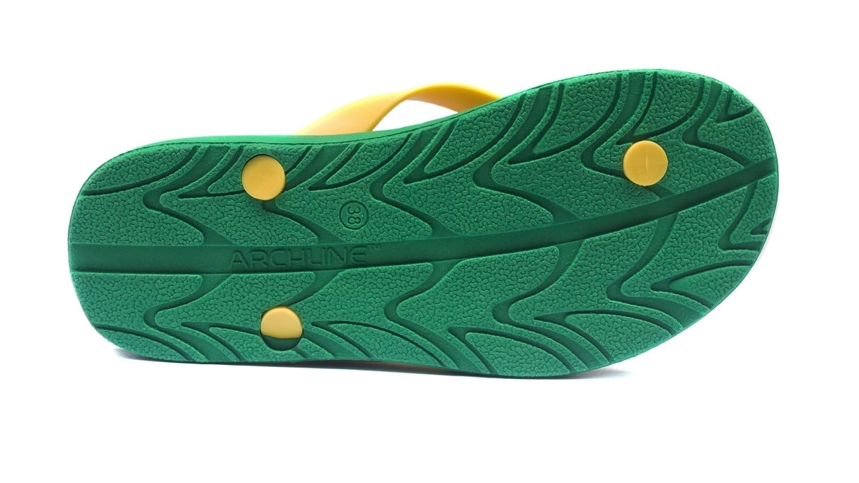 ARCHLINE Orthotic Thongs Arch Support Shoes Footwear Flip Flops Orthopedic - Green/Gold