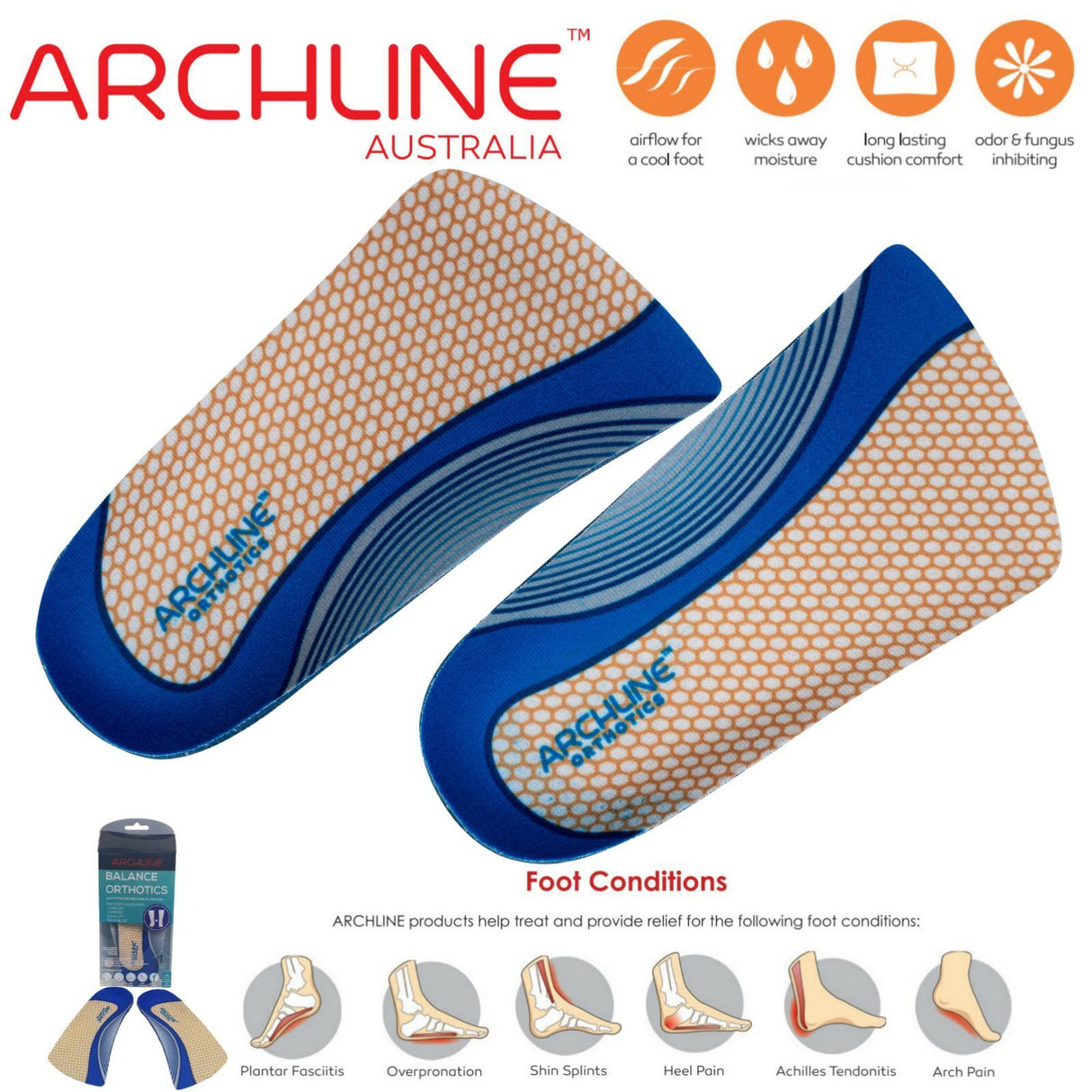 ARCHLINE 3/4 Slim Orthotics Plantar Fasciitis Insoles Balance Support Relief