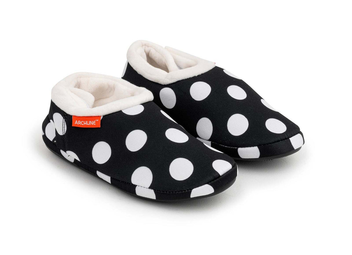 ARCHLINE Orthotic Slippers CLOSED Arch Scuffs Medical Pain Relief - Black/White Polka Dots