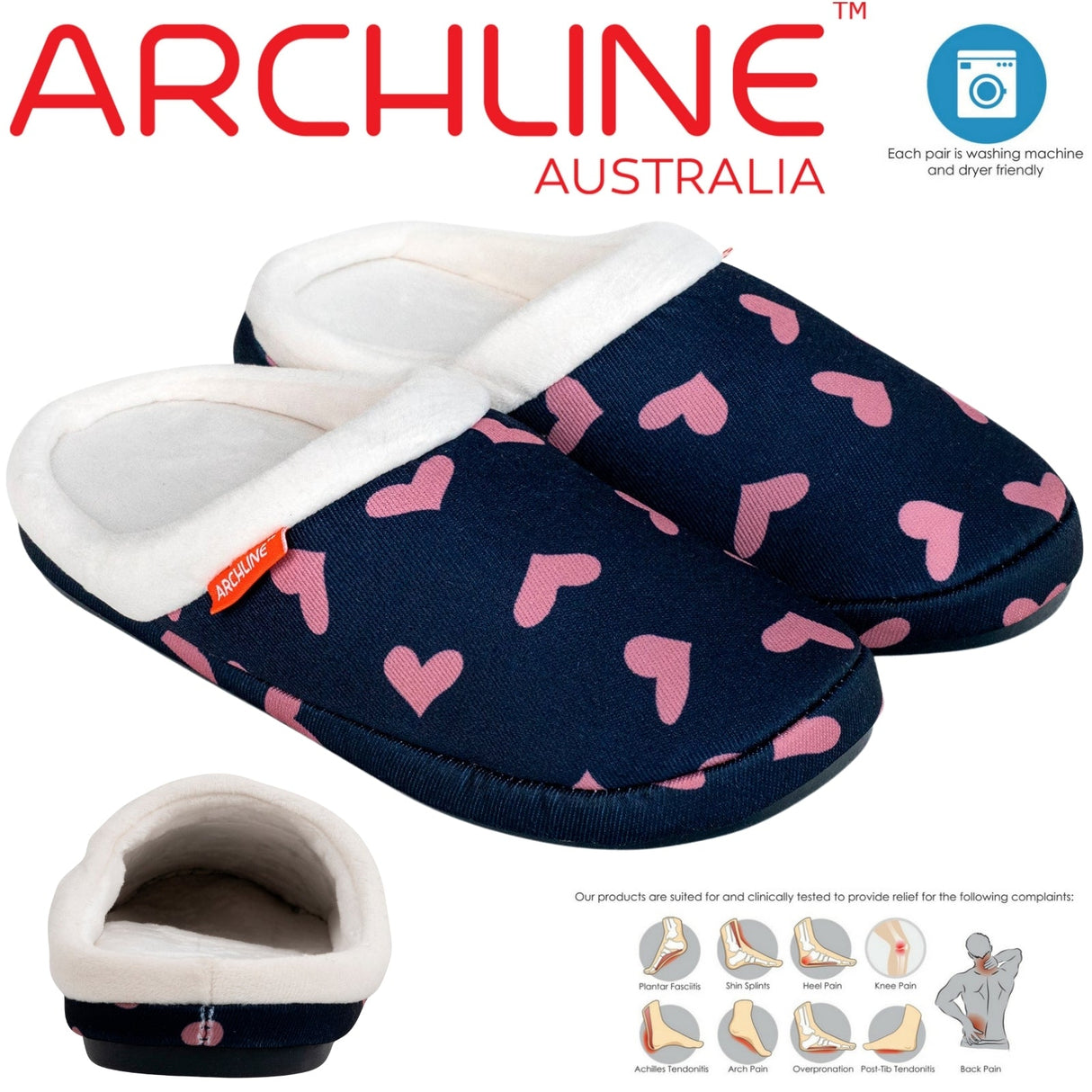 ARCHLINE Orthotic Slippers Slip On Scuffs Pain Relief Moccasins - Navy with Hearts