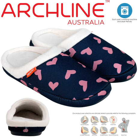 ARCHLINE Orthotic Slippers Slip On Scuffs Pain Relief Moccasins - Navy with Hearts