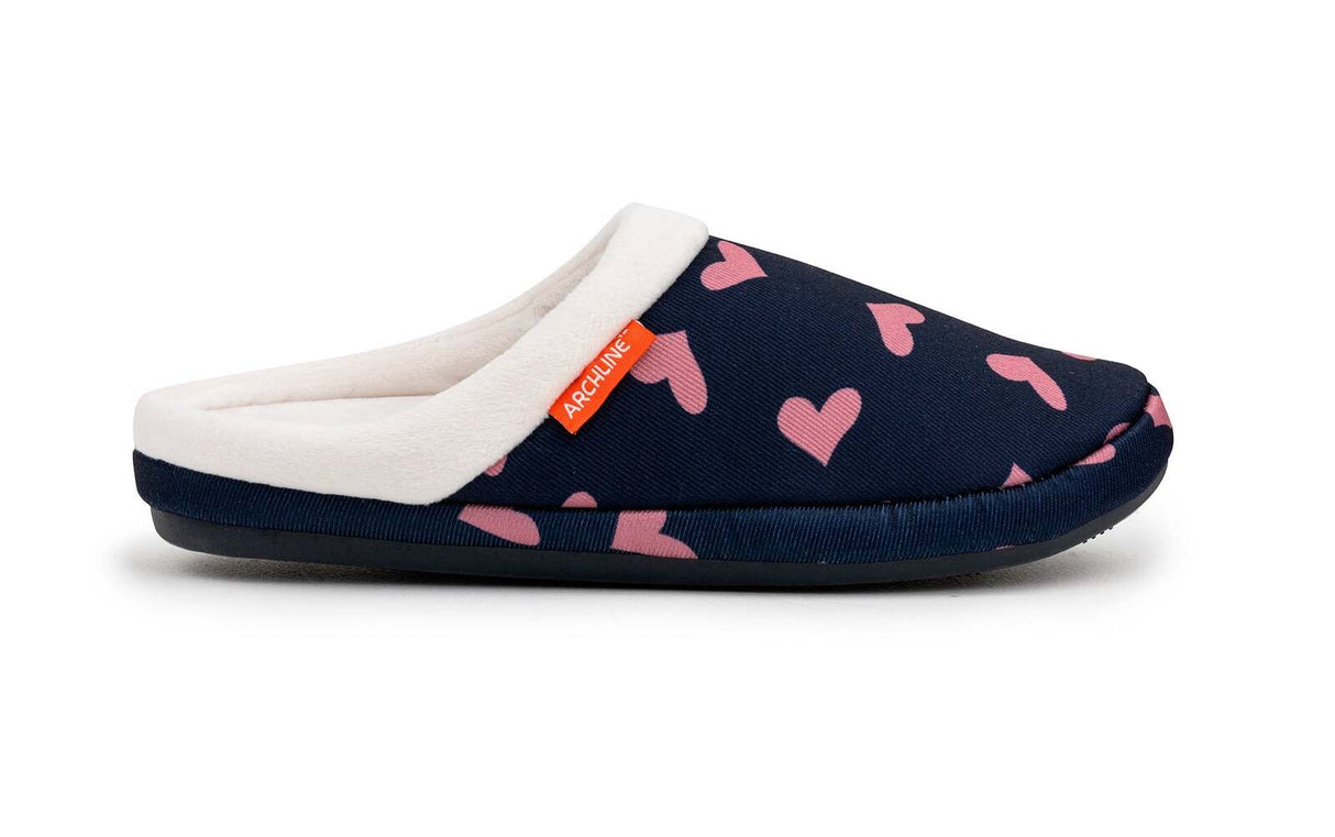 ARCHLINE Orthotic Slippers Slip On Scuffs Pain Relief Moccasins - Navy with Hearts