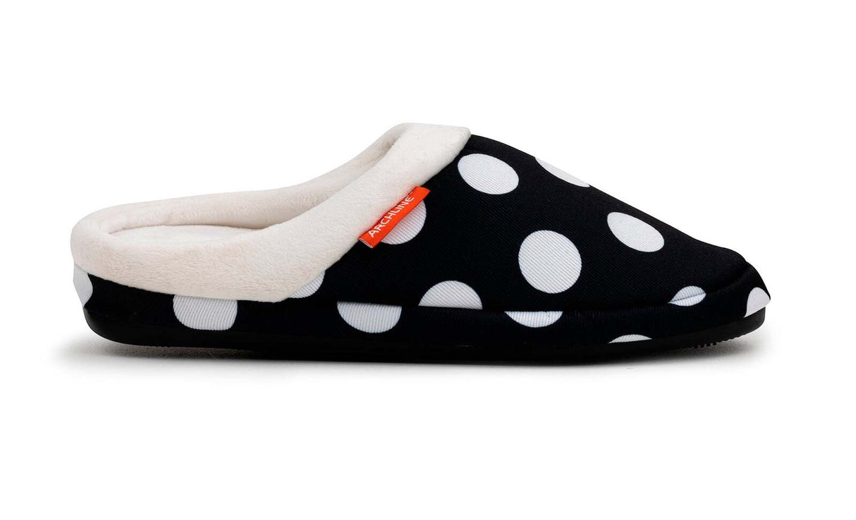 Archline Orthotic Slip On Slippers - Black/White Polka Dots (Orthopedic Scuffs w/ Arch Support)