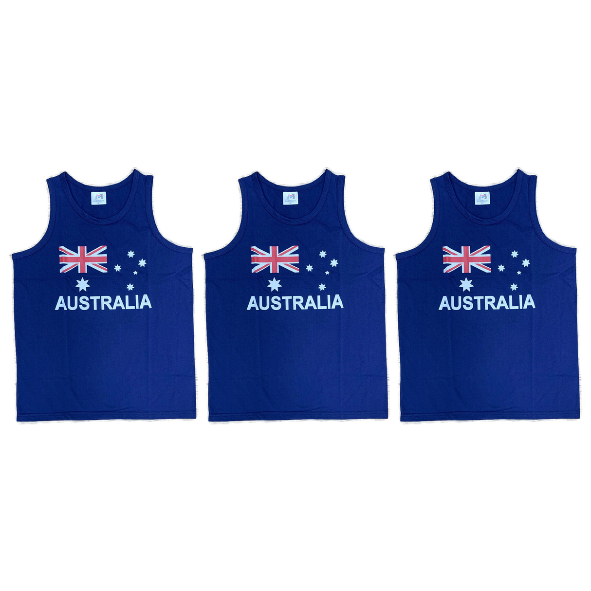 3x Adult Australia Flag Blue Singlet Bulk Pack - 100% Cotton Souvenir Tank Top