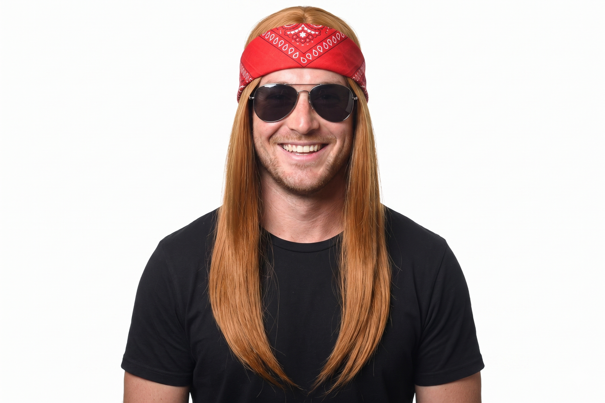 Mens Long Ginger Rock Star Costume Wig with Red Bandana (Axl Rose Inspired)