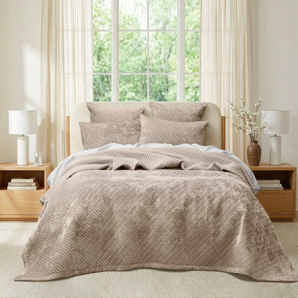 Renee Taylor Archie Cross Stitch Velvet Coverlet Set - Nude (Bedspread with Cotton Reverse)