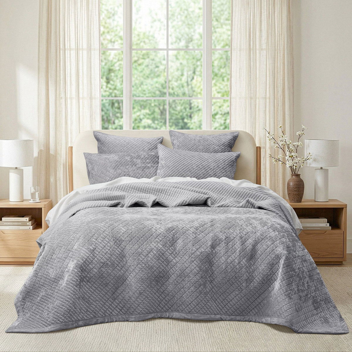 Renee Taylor Archie Cross Stitch Velvet Coverlet Set - Silver Line (Bedspread with Cotton Reverse)