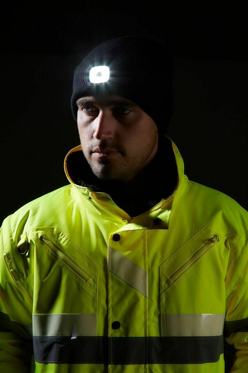 Portwest Hi Vis Yellow LED Beanie Hat - USB Rechargeable Headlight - Camping Cycling Workwear