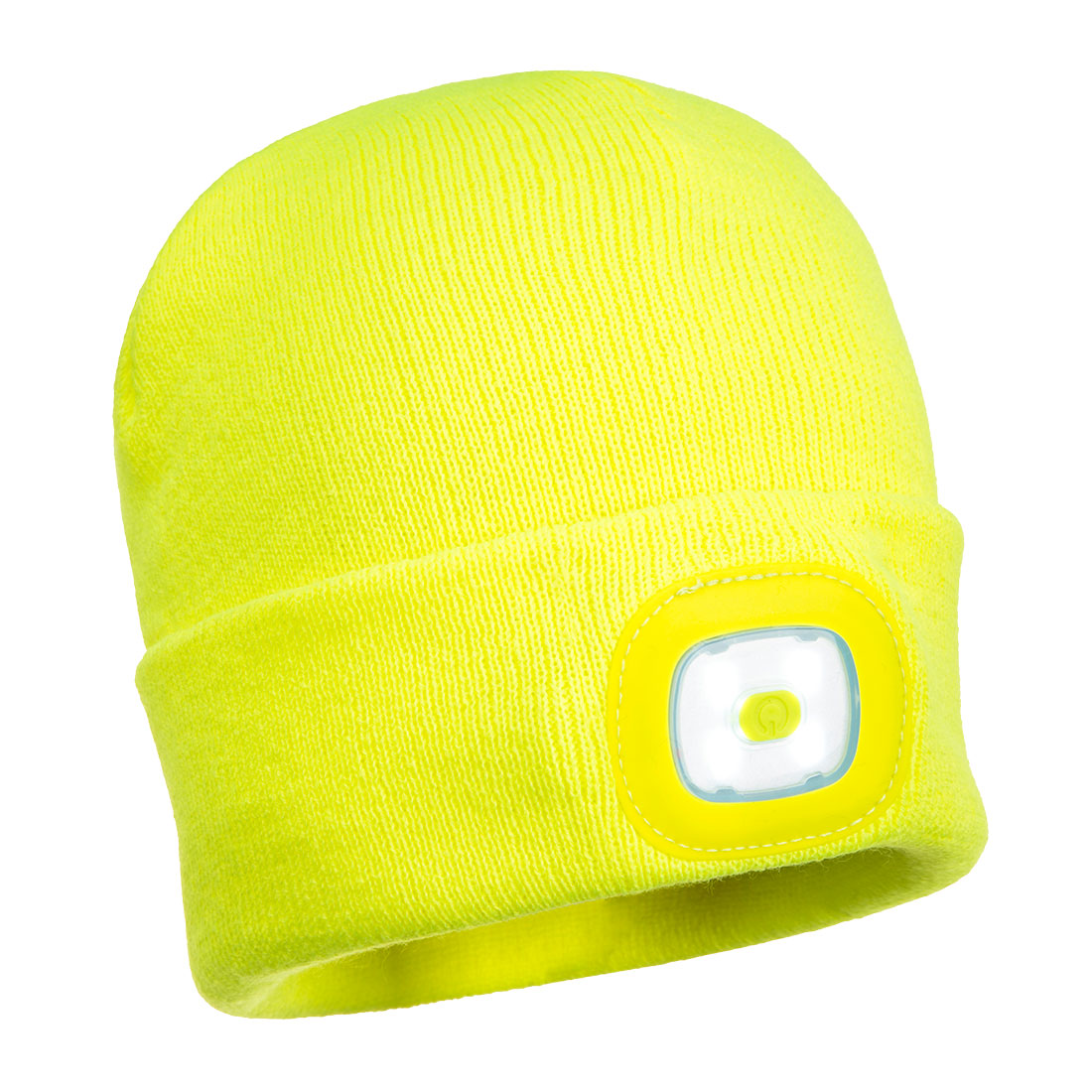 Portwest Hi Vis Yellow LED Beanie Hat - USB Rechargeable Headlight - Camping Cycling Workwear