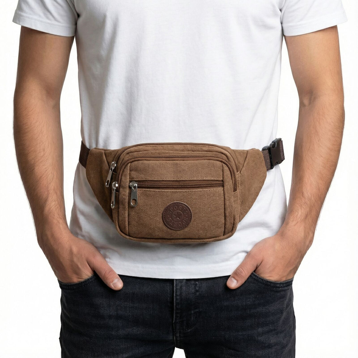 CANVAS BUM BAG Wallet Waist Pouch Travel Pocket Belt Security Storage in Brown