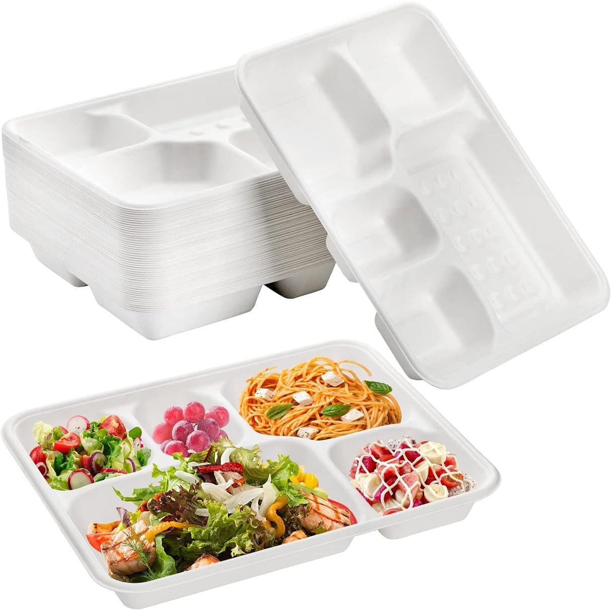 240pcs Sugarcane Bagasse 5-Compartment Lunch Paper Tray Plates 28x22cm Bulk