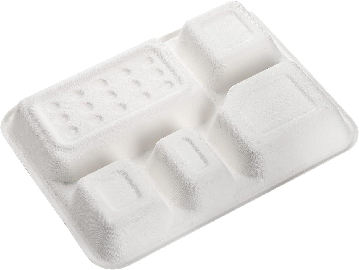 240pcs Sugarcane Bagasse 5-Compartment Lunch Paper Tray Plates 28x22cm Bulk