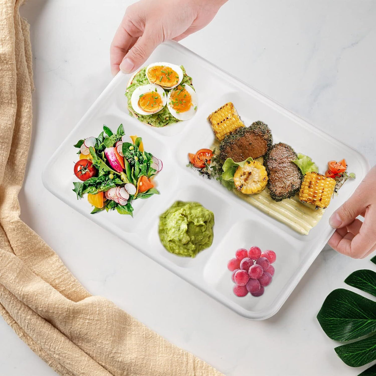 240pcs Sugarcane Bagasse 5-Compartment Lunch Paper Tray Plates 28x22cm Bulk