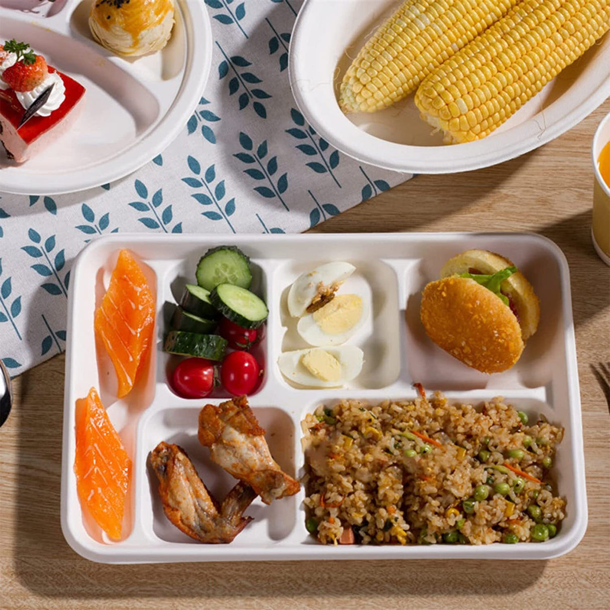 240pcs Sugarcane Bagasse 6-Compartment Lunch Paper Tray Plates 32x22cm Bulk