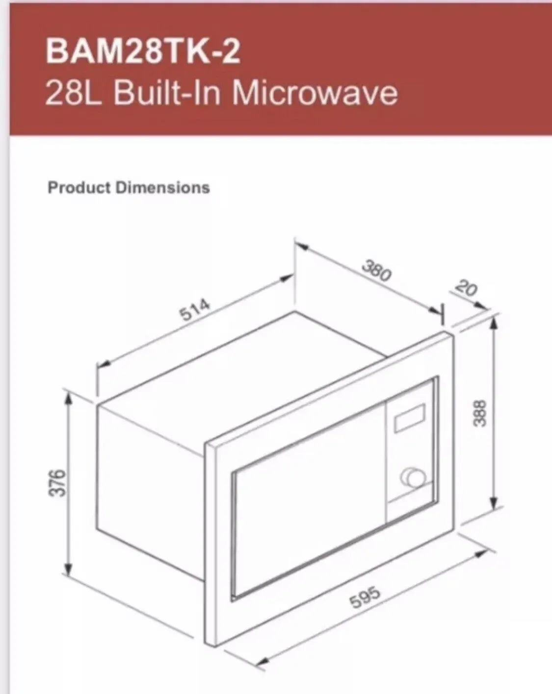 Baumatic Built-In Stainless Steel Microwave 28 Litre 900W - BAM28TK-2