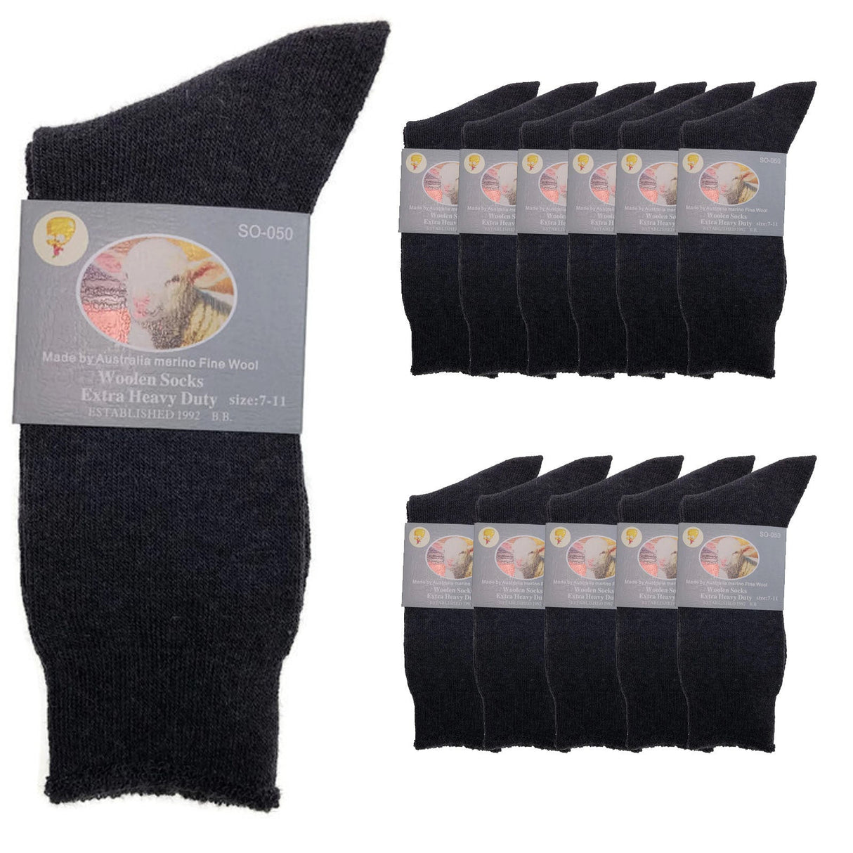 12 Pairs Merino Wool Blend Woolen Work Socks Hiking Heavy Duty Warm Thermal BULK - Navy