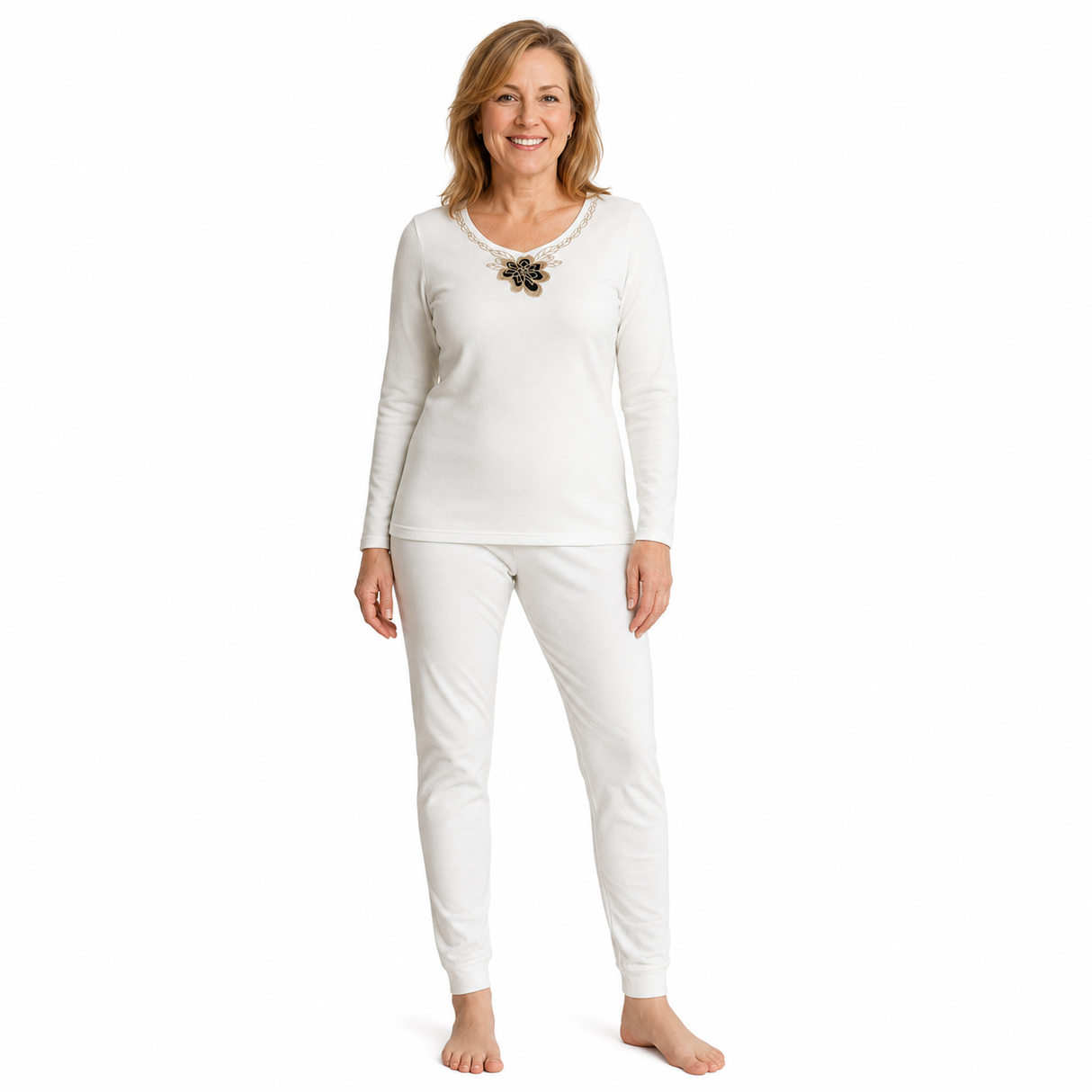 2pc Womens Merino Wool Blend Thermal Set - Beige (Base Layer V-Neck Top & Leggings Pants)