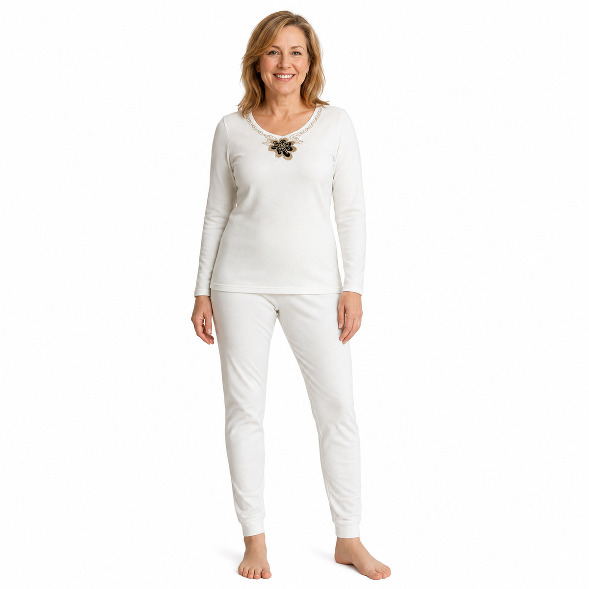2pc Womens Merino Wool Blend Thermal Set - Beige (Base Layer V-Neck Top & Leggings Pants)