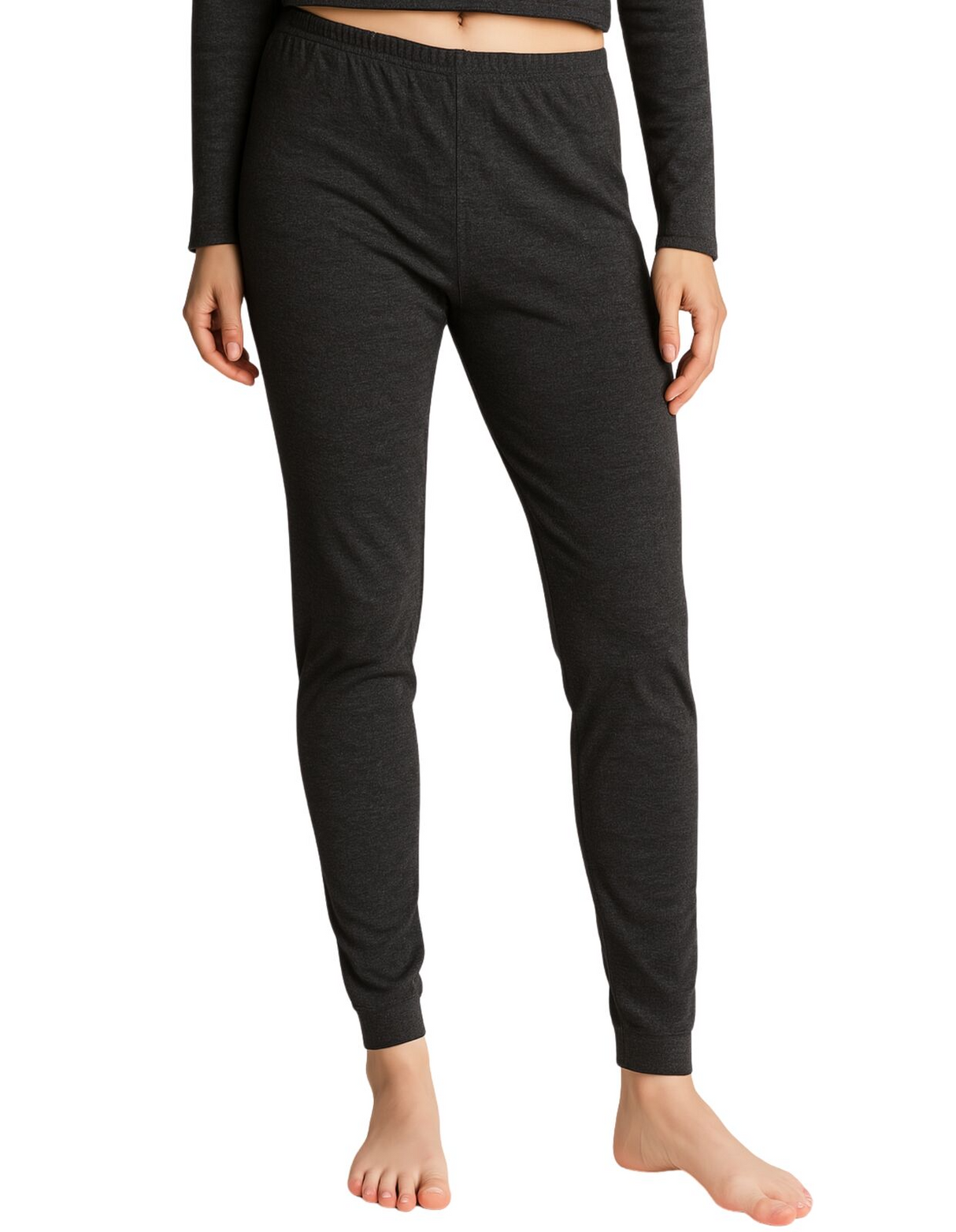 2pc Womens Merino Wool Blend Thermal Set - Black (Base Layer V-Neck Top & Leggings Pants)