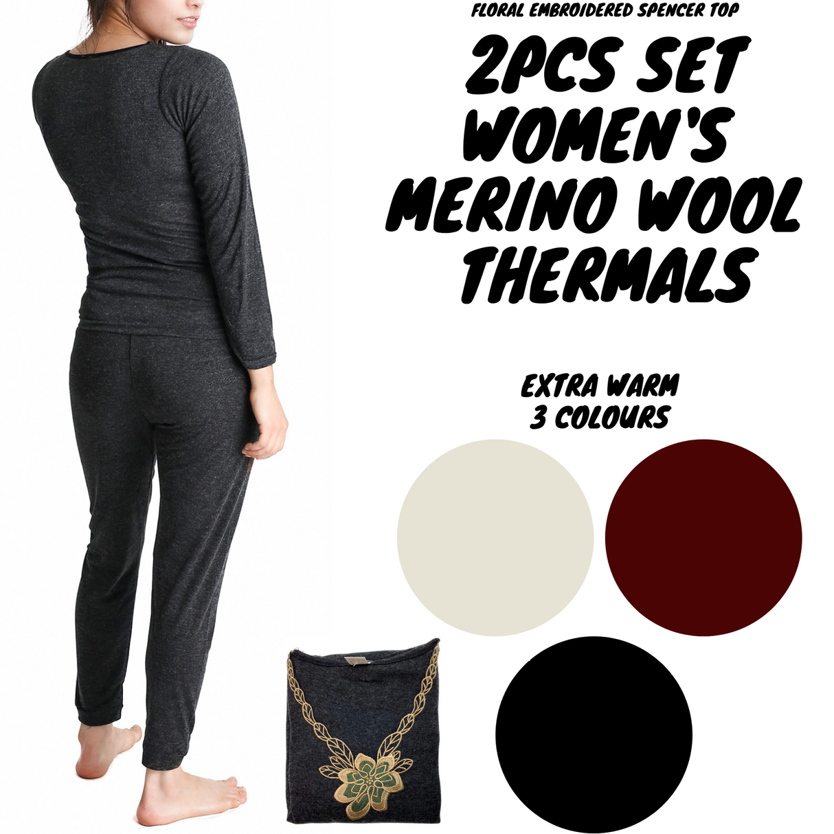 2pcs Set Womens Merino Wool Blend Pants & Top Underwear Leggings Thermal Thermals - Black