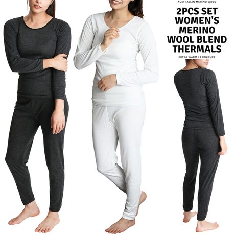 2pcs Womens Merino Wool Blend Top & Pants Thermal Set Leggings Long Johns Underwear - Beige