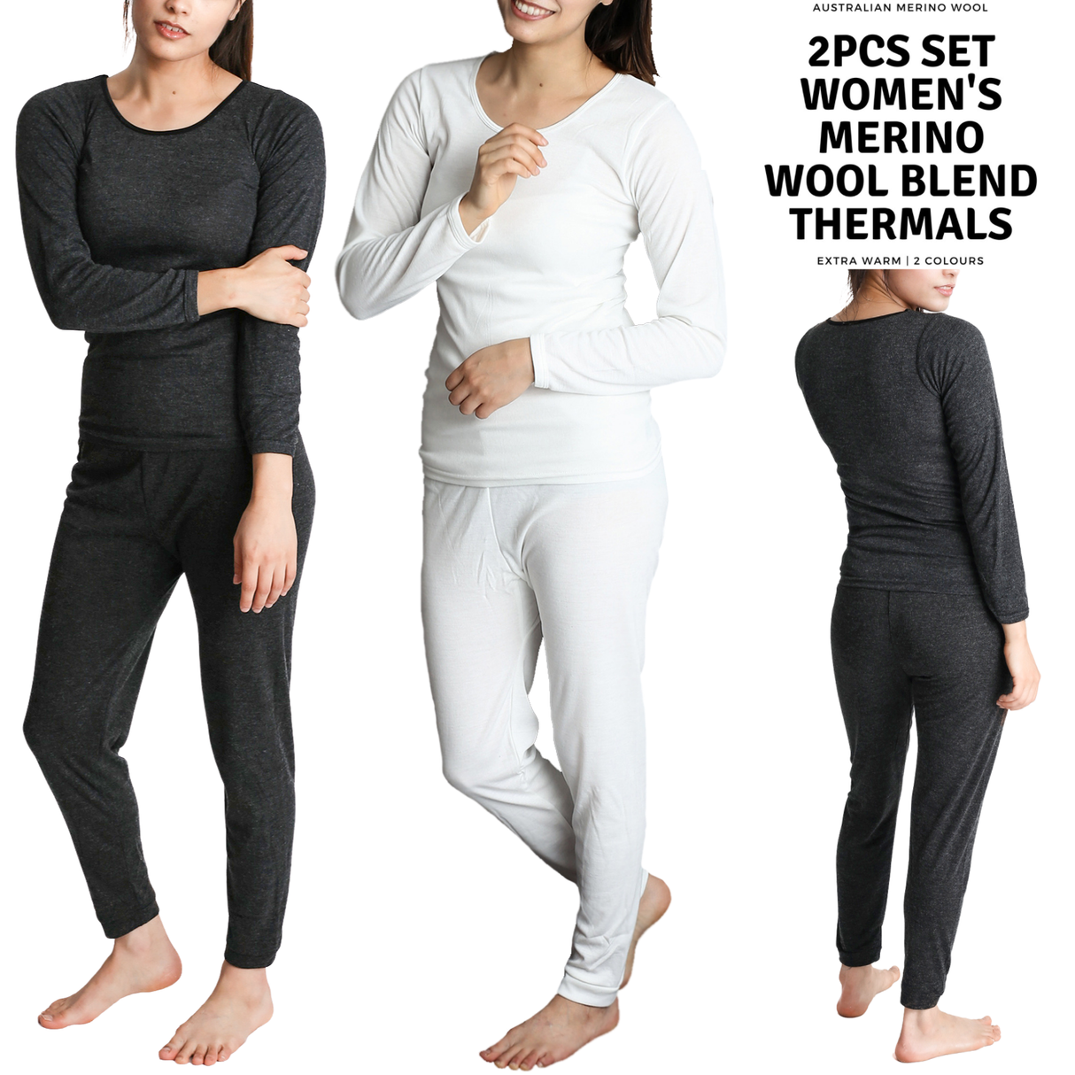 2pcs Womens Merino Wool Blend Top & Pants Thermal Set Leggings Long Johns Underwear - Black