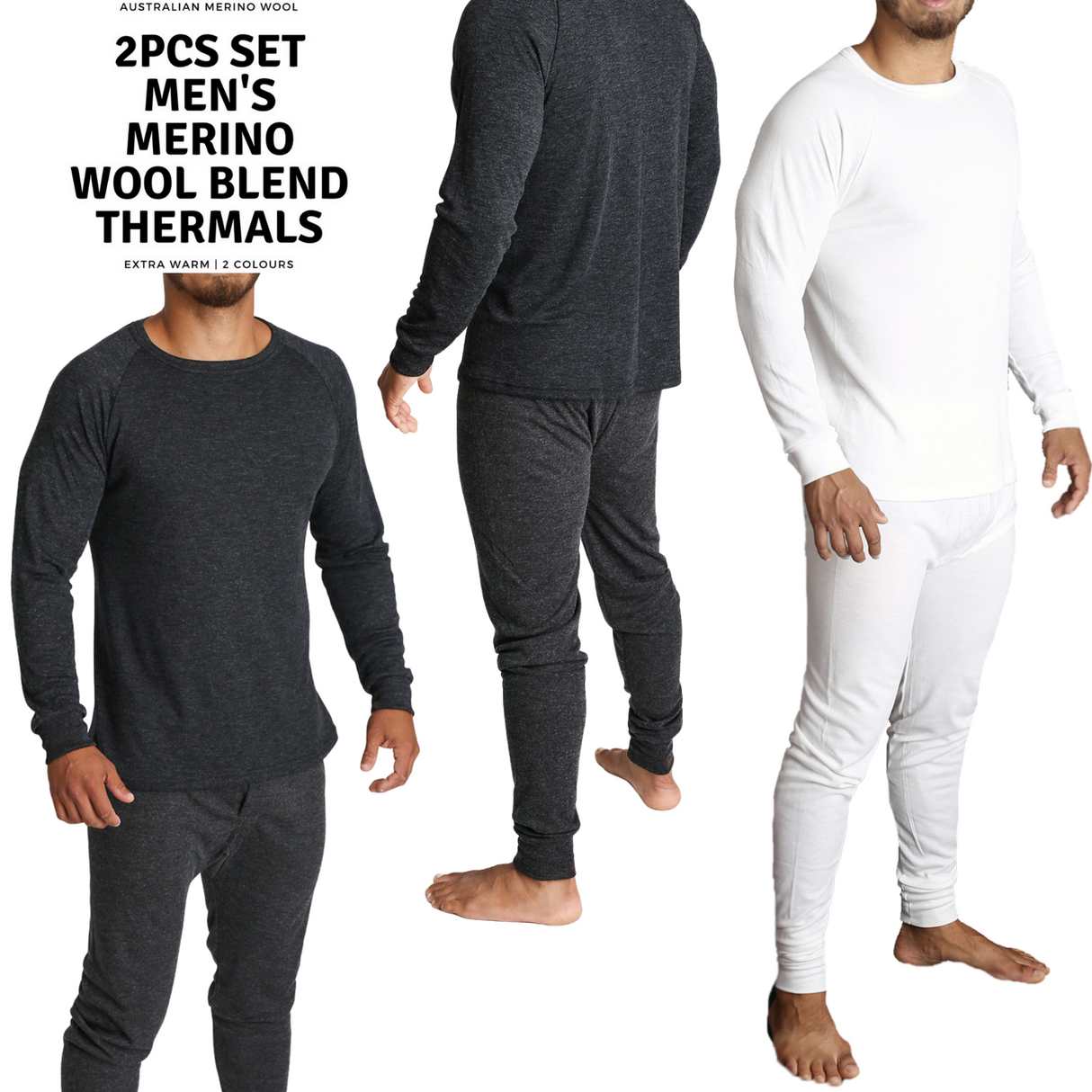 2pcs Set Mens Merino Wool Blend Long Sleeve Thermal Top & Long Johns Pants Underwear - Black