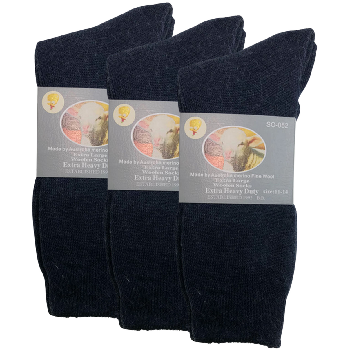 3 Pairs Merino Wool Blend Work Socks Pack - Navy Blue (Heavy Duty Warm Winter Thermal Socks)