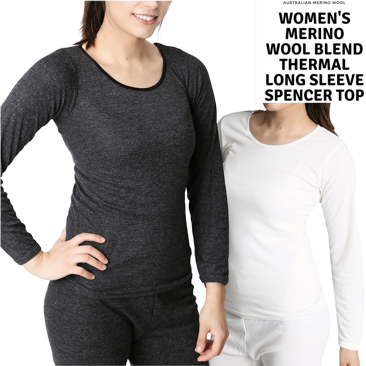 Ladies Merino Wool Blend Long Sleeve Thermal Spencer Top Underwear Thermals - Black