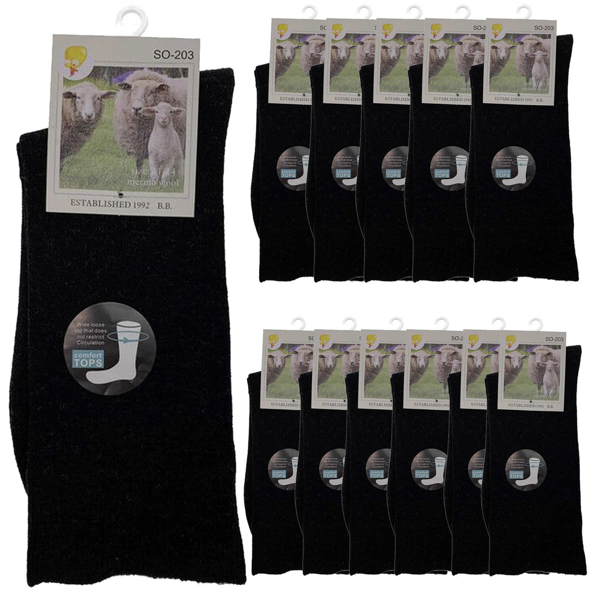 Merino Wool Mens Loose Top Thermal Socks Diabetic Comfort Circulation - 12 Pairs - Black