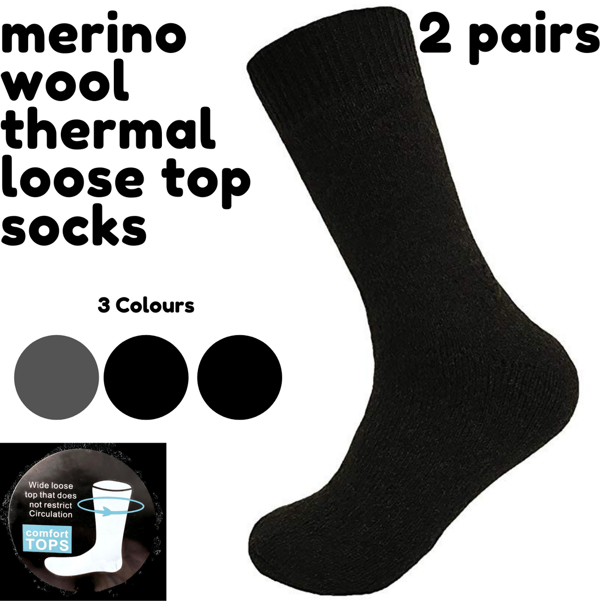 Merino Wool Mens Loose Top Thermal Socks Diabetic Comfort Circulation - 2 Pairs - Grey